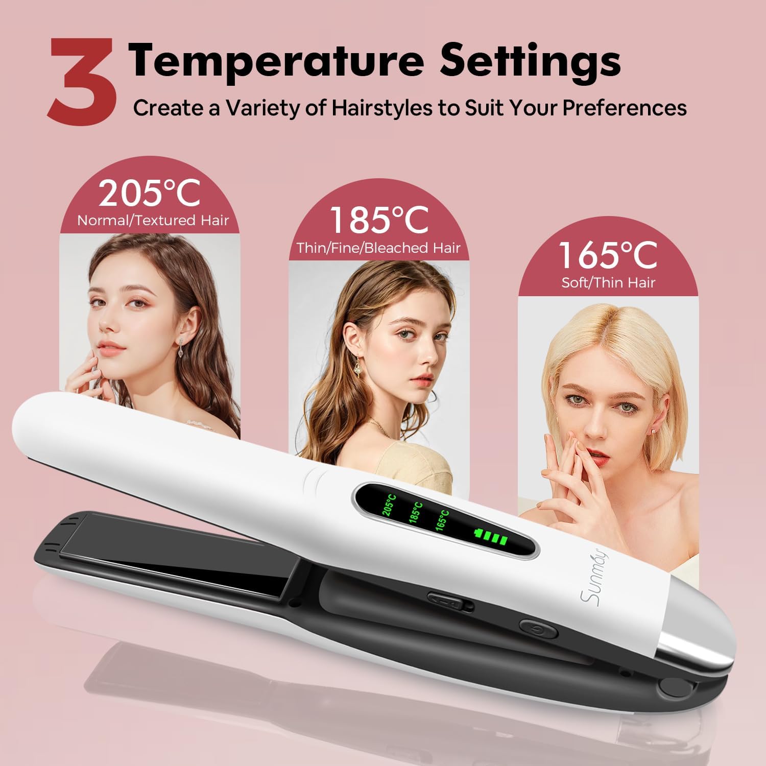 SUNMAY - Voga - mini taille - lisseur boucleur titane, sans fil, 3 T°, USB, 5000mAh