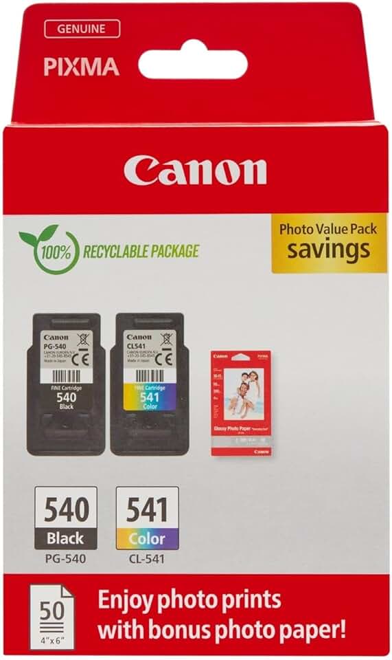 Canon - Pack encre & papier photo - 4x6 pouces - 2 cartouches, 50 feuilles - PG-540/CL-541