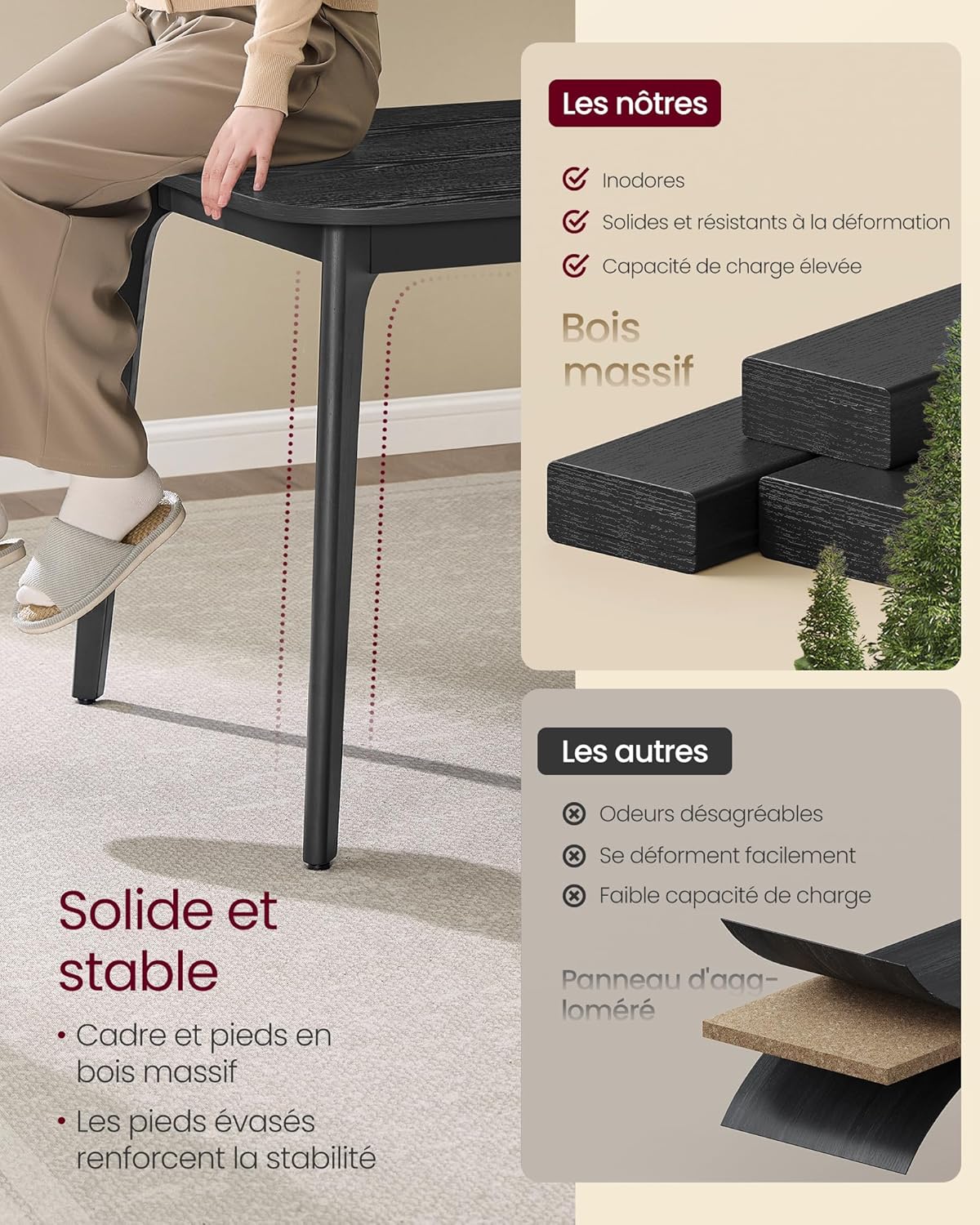VASAGLE - table extensible design épuré 120kg noir bois KDT090BA02V1