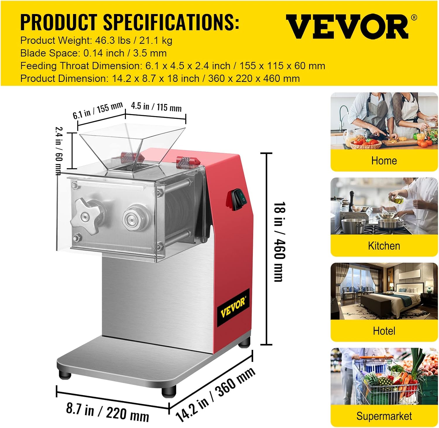 VEVOR - Machine à découper viande, 250kg/h, 850W, lame 3,5mm, inox