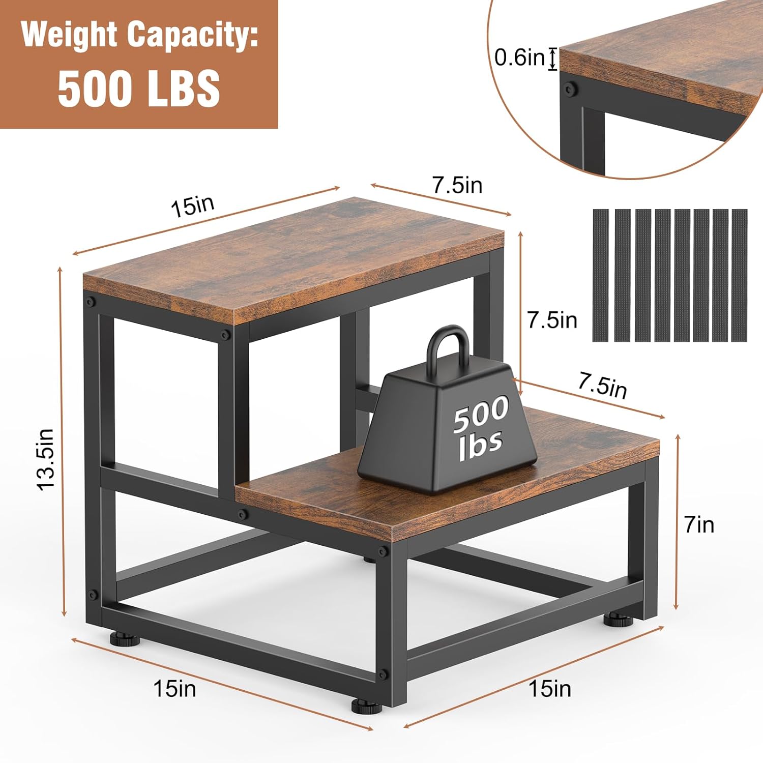 LIANTRAL - marchepied 2 niveaux - acier/bois - charge 200kg, marron/noir