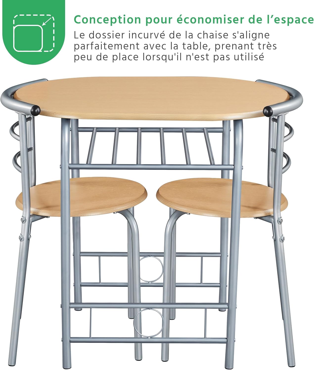 Yaheetech - ensemble table et 2 chaises, bois/argent, compact, porte-bouteilles
