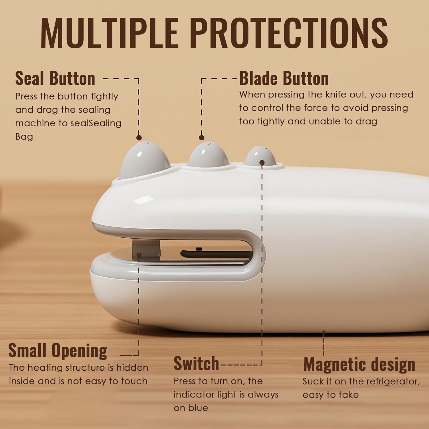 Mini Scelleur portable 2 en 1, USB, thermique, cutter intégré, blanc