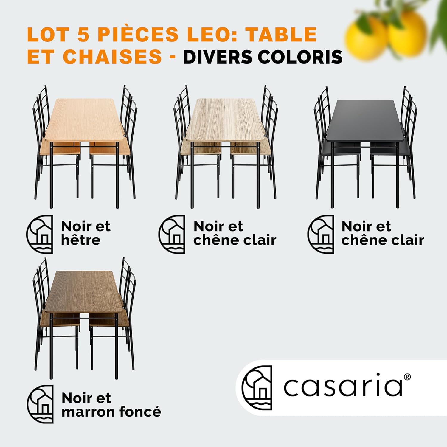 Casaria - Ensemble Leo - table et 4 chaises MDF métal, anthracite, salle à manger