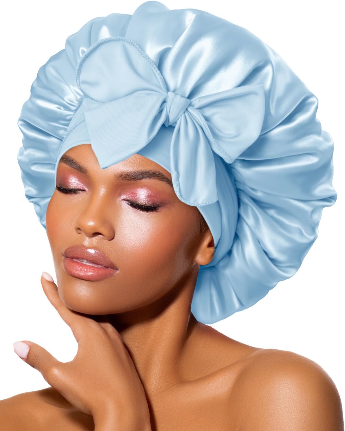 BONNET QUEEN - bonnet satin moyen - ajustable, cheveux bouclés, bleu clair
