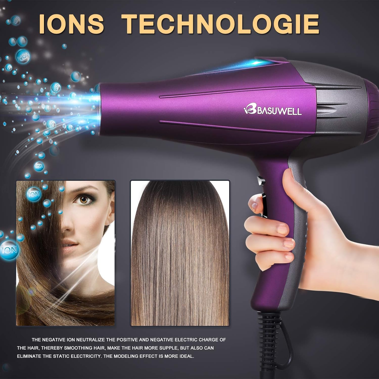 Sèche-cheveux professionnel 2100W, ionique, diffuseur, AC moteur