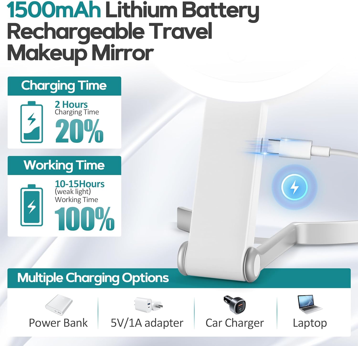 B Beauty Planet - miroir double face - compact, pliable, lumineux, 1X/30X, 2000mAh