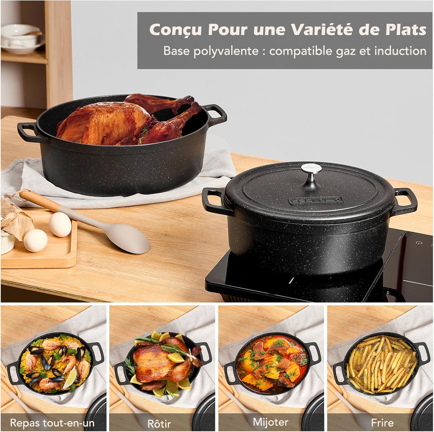Cocotte fonte ovale 11L, 38cm, antiadhésive, four/gaz, famille