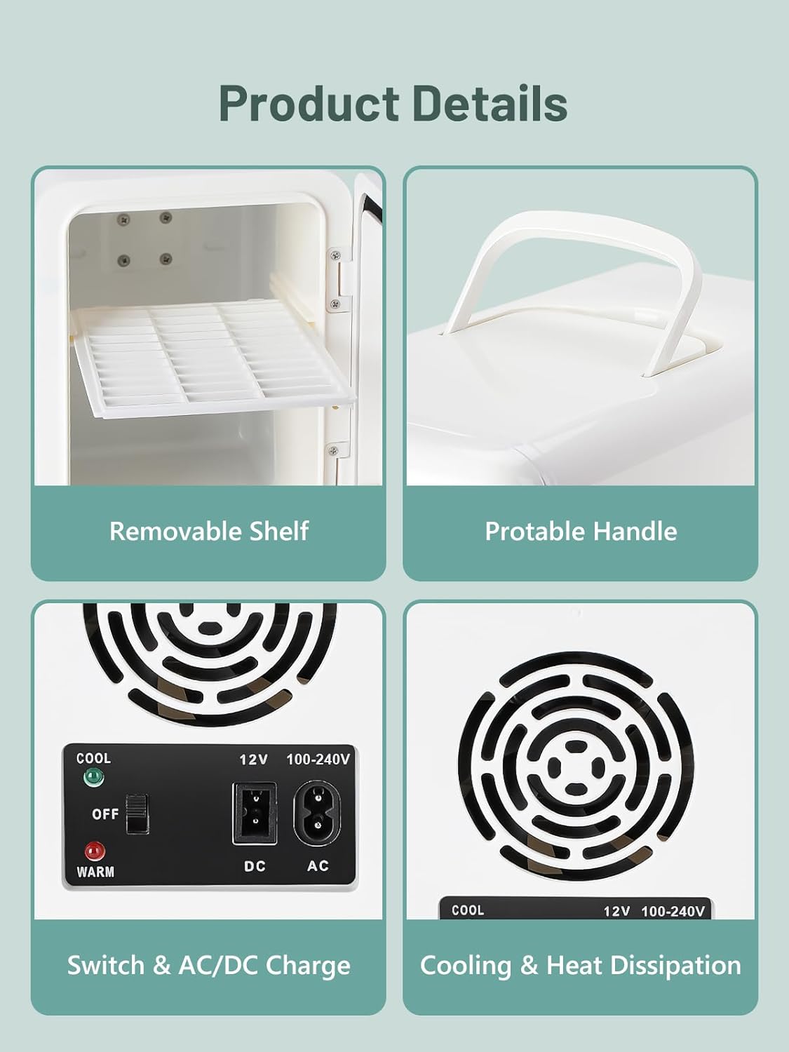 VINATO - Mini Frigo 6L - miroir LED - froid/chauffe - portable chambre