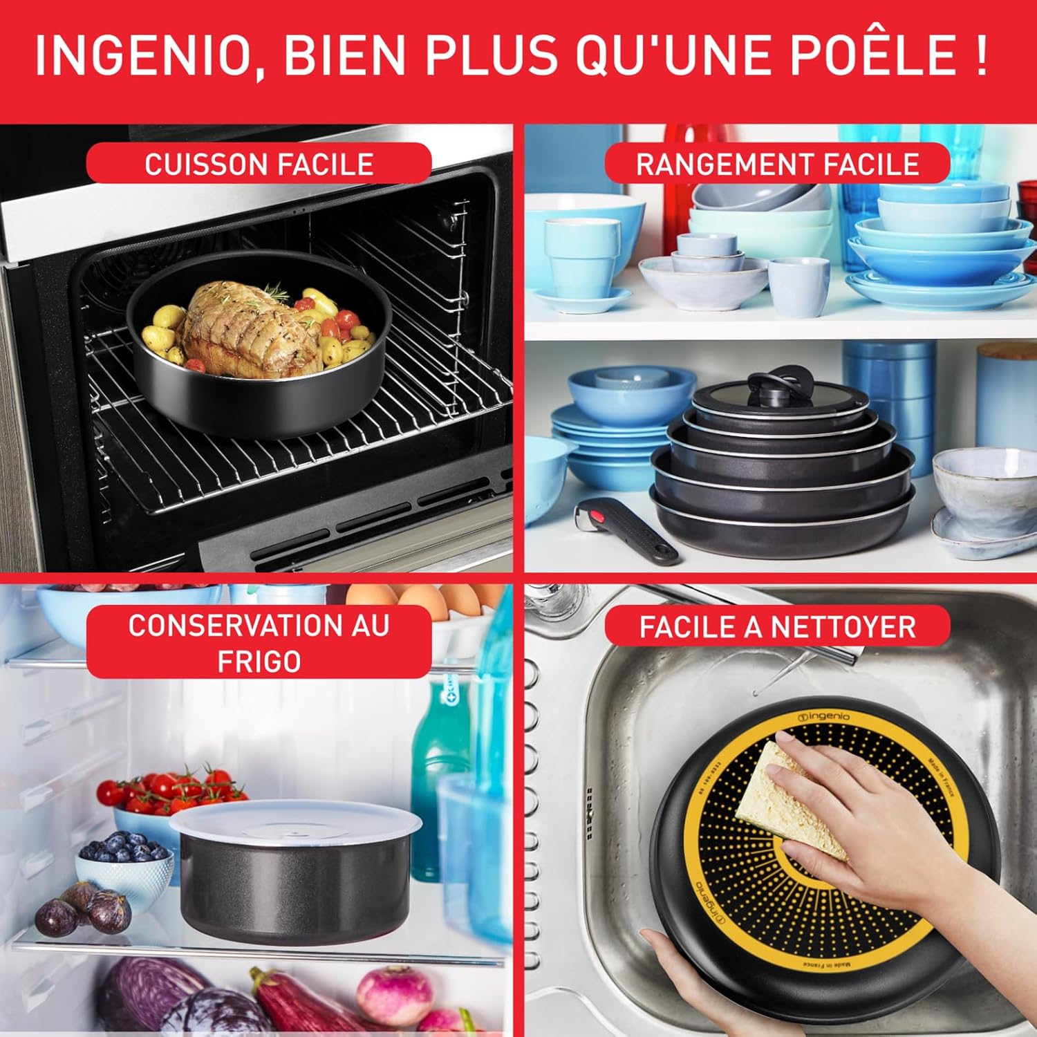 Tefal - Ingenio Easy On - 5 pièces, 16/20/22/28 cm, poignée amovible, antiadhésif, empilable - L1599502