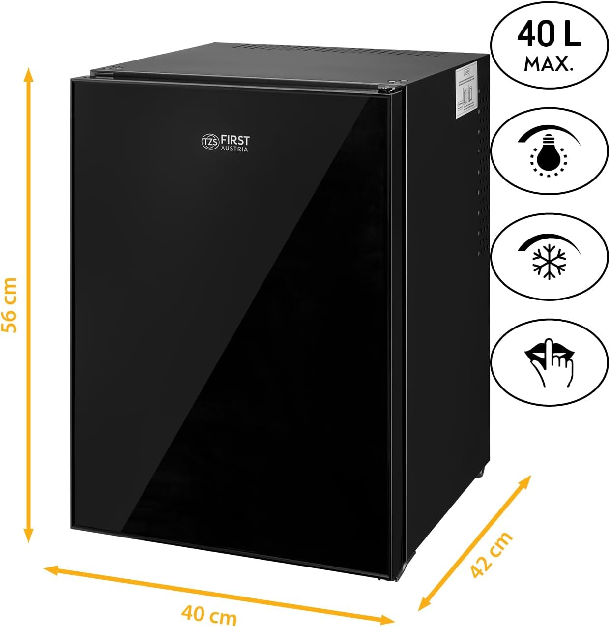 TZS First Austria - mini-frigo 40L silencieux, porte réversible, intérieur éclairé, compact pour bureau ou hôtel
