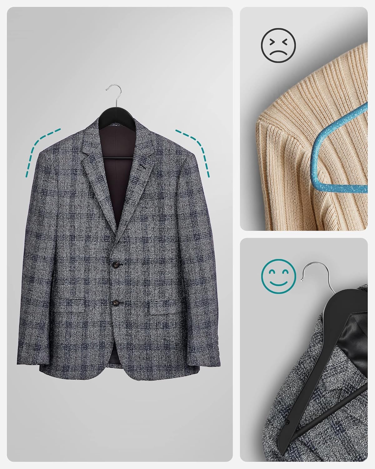 SONGMICS - cintres bois série CRW - lot de 50, antiglisse, crochet 360°, noir et argent - CRW02B-50