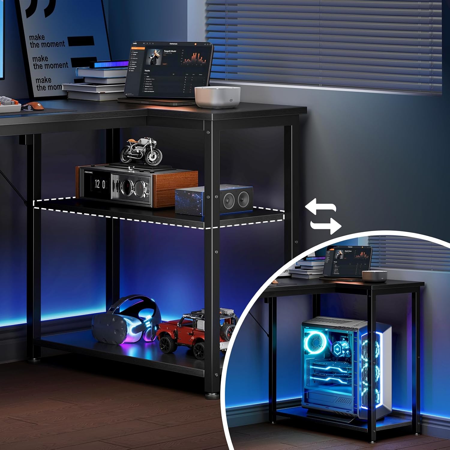 Coleshome - Bureau Gaming série - 100x70cm - bureau d'angle, étagère réversible, compact