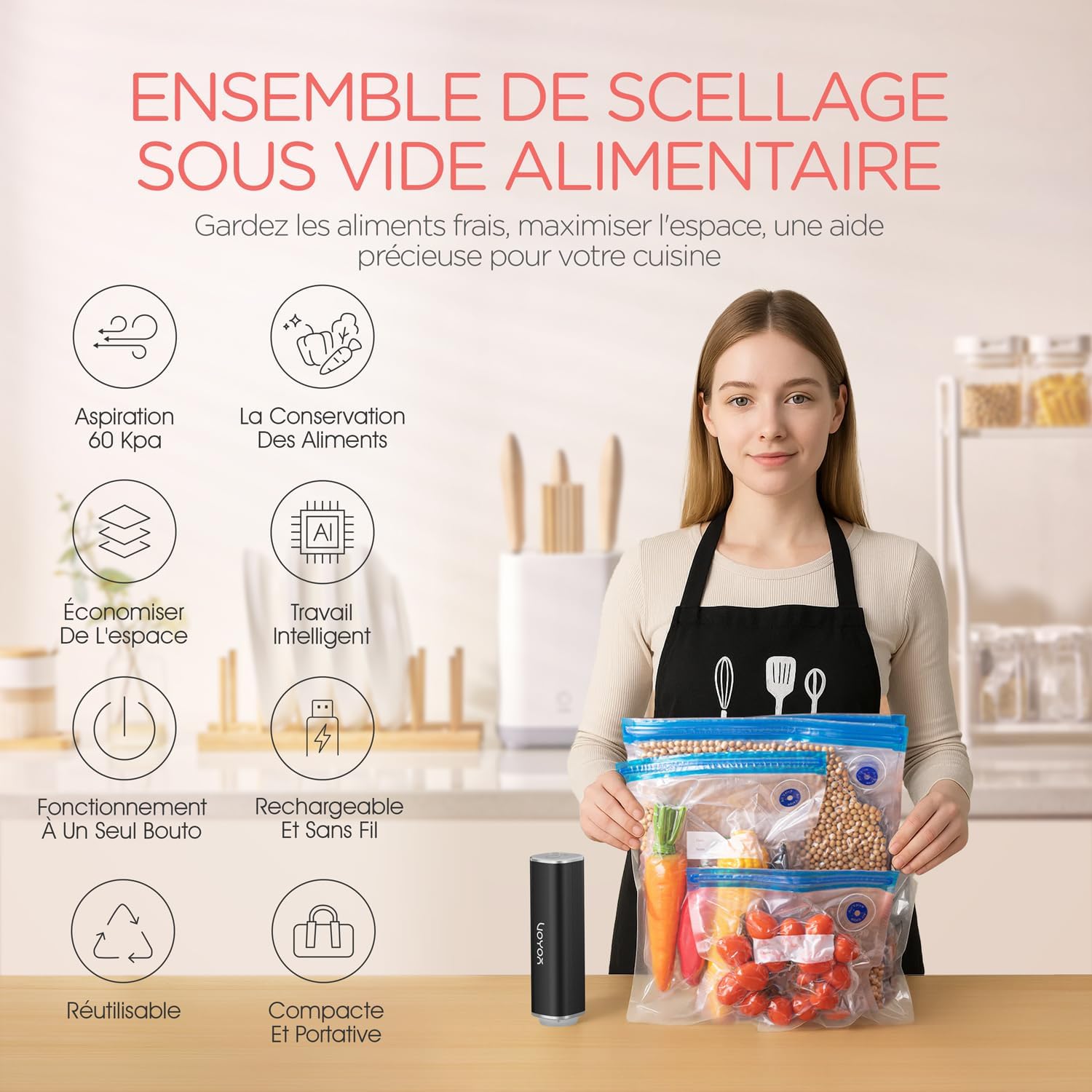 VOYOR - mini machine sous vide portable - compact - Pompe + 5 sacs