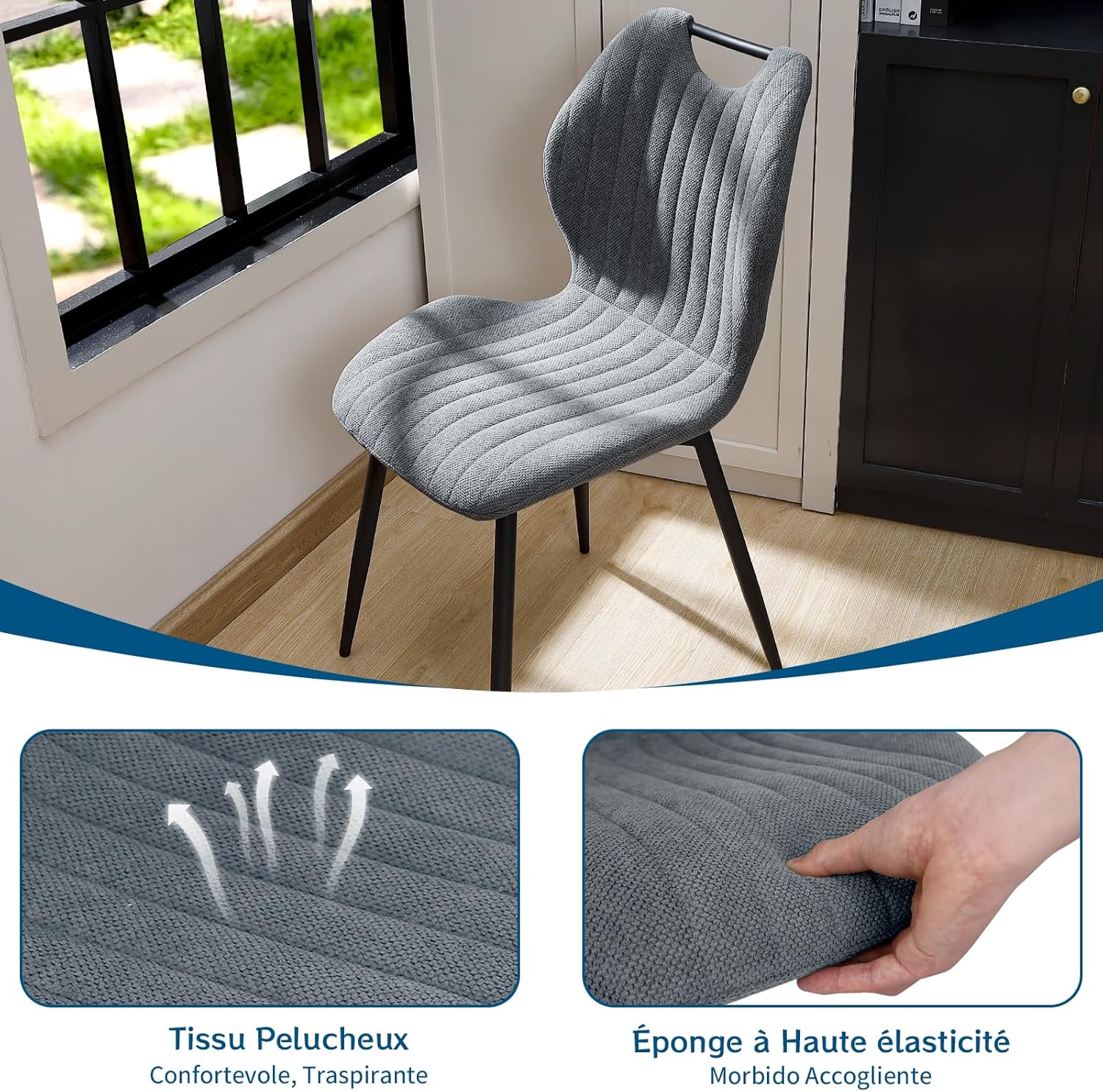 Chaises de salle à manger - tissu gris, pieds métal, lot de 2, confort