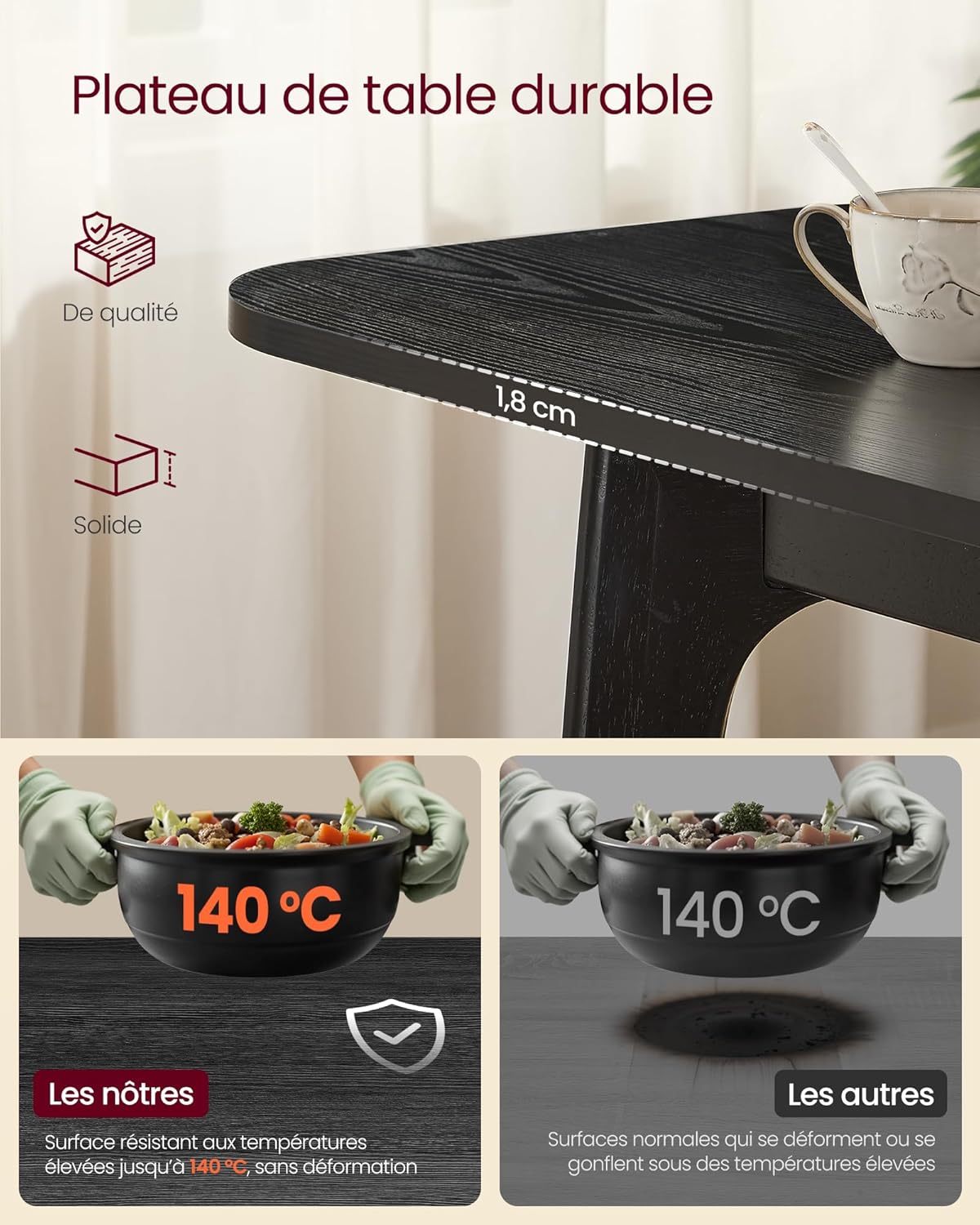 VASAGLE - table extensible design épuré 120kg noir bois KDT090BA02V1