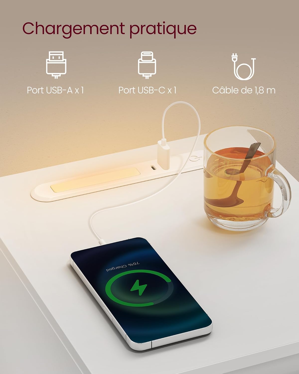 VASAGLE - table de chevet lot de 2, LED, USB, tiroirs, blanc, LET710W01