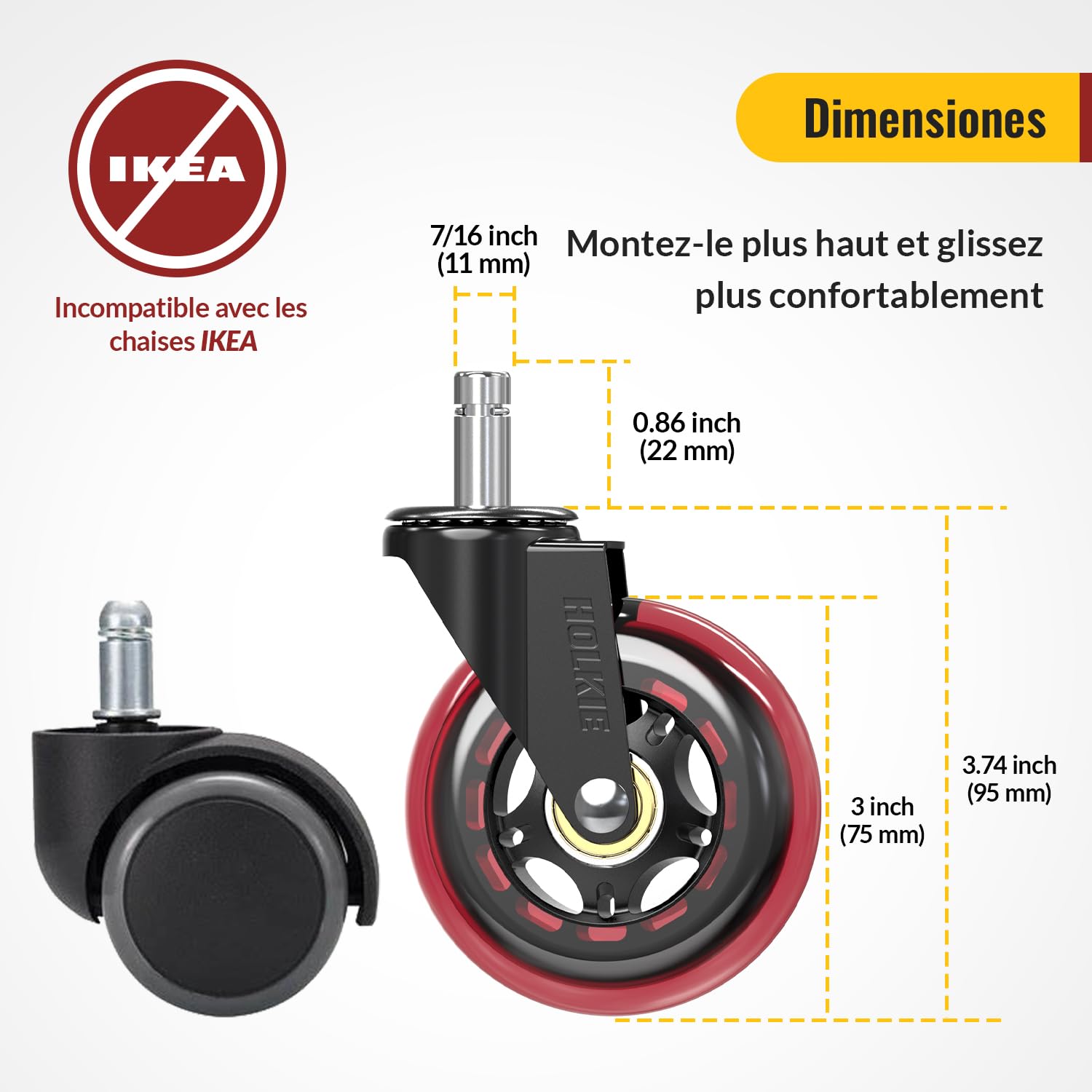 HOLKIE - roulettes de chaise Série Rechange - 11x22mm - caoutchouc robustes pour sols durs et tapis, lot de 5