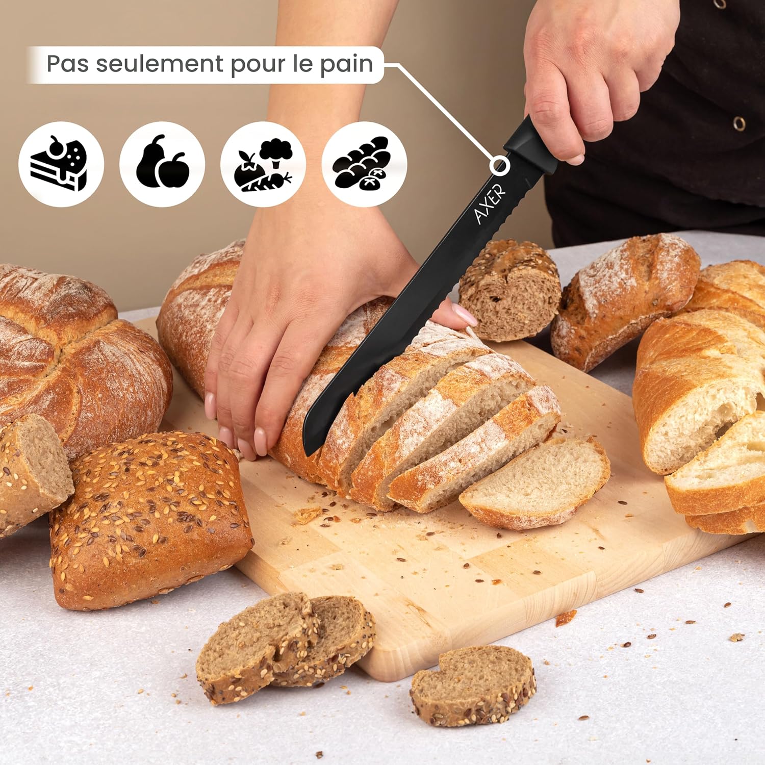 Couteau à pain - étui inclus, lame noire, boîte de rangement