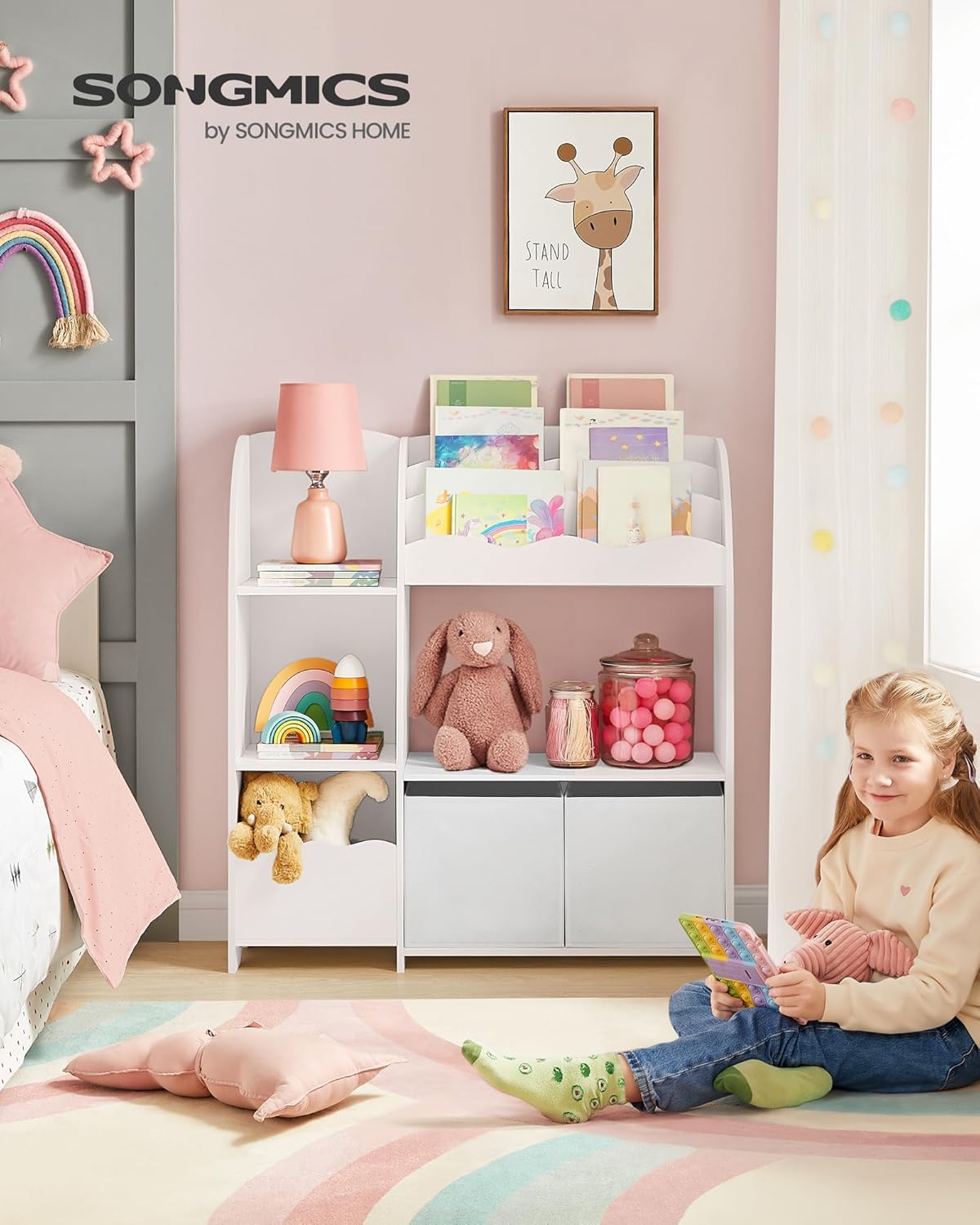 SONGMICS – Étagère enfants – 2 bacs, rangement jouets et livres, blanc nuage, GKR042W01