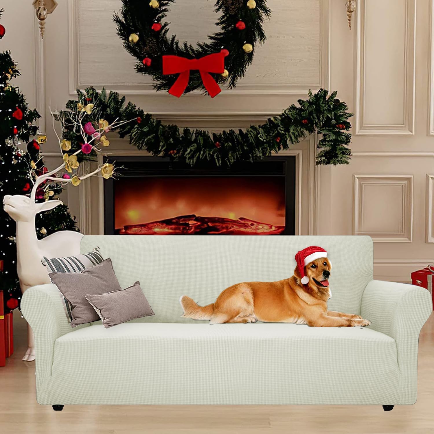 Housse canapé 1 place - extensible, antidérapante, naturel, accoudoirs