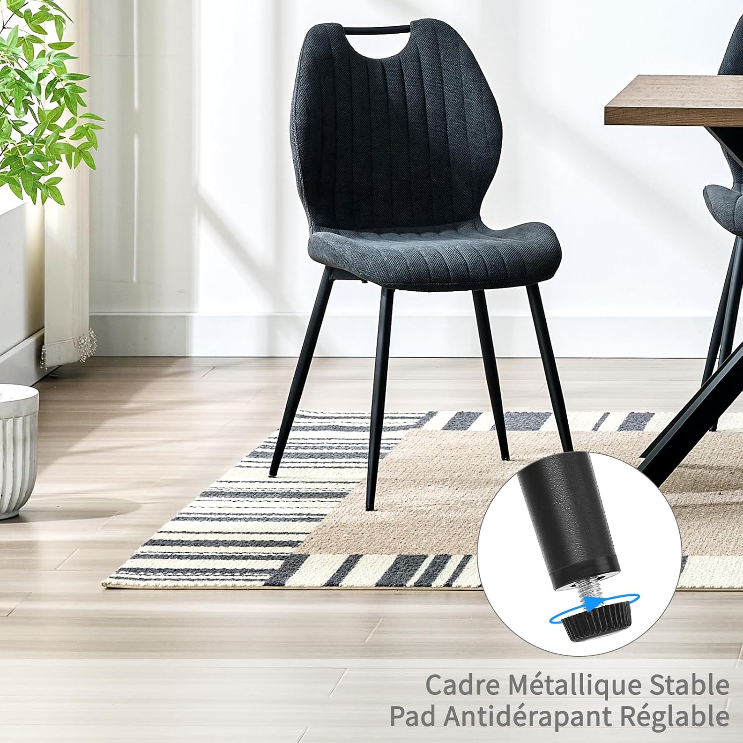 Chaises de salle à manger - lot de 6 - tissu gris foncé, pieds métal, dossier tapissé, assise confortable