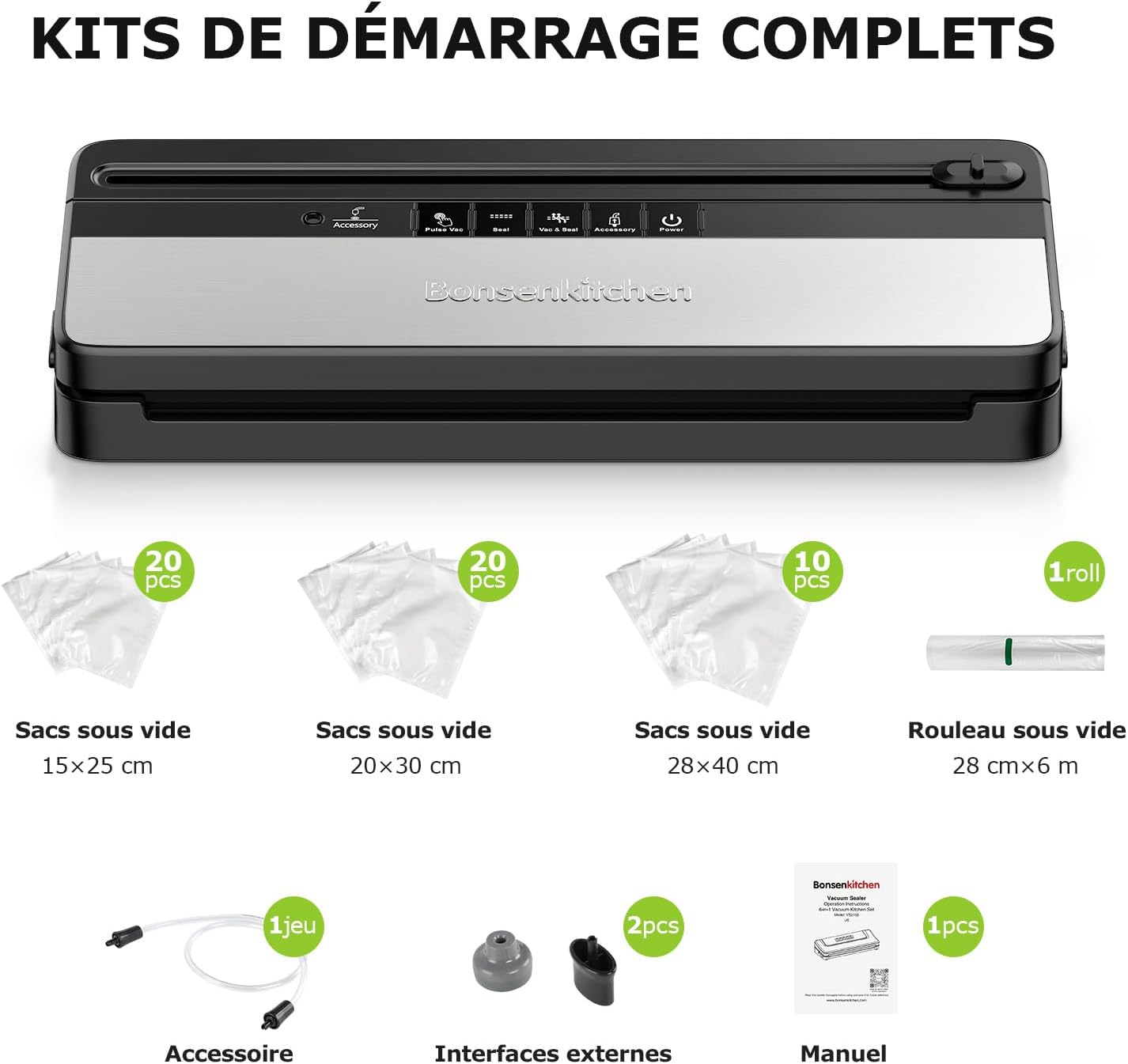 Bonsenkitchen - machine sous vide multifonction - compacte - coupe-aliments intégré, 50 sacs, rouleau, travail continu, 
