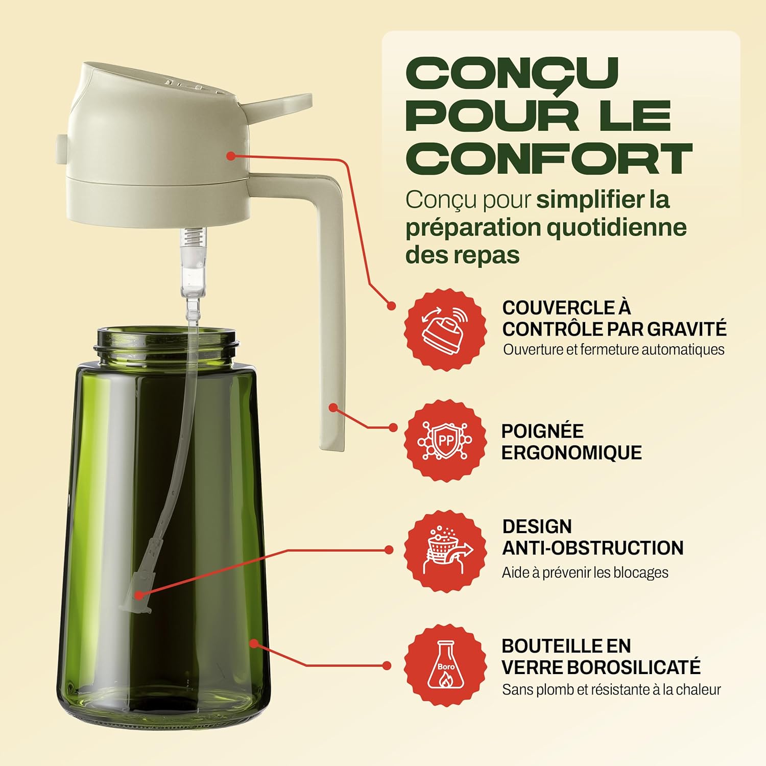 PORTENTUM - spray huile cuisine 2 en 1 - 470ml - verre vert, double usage