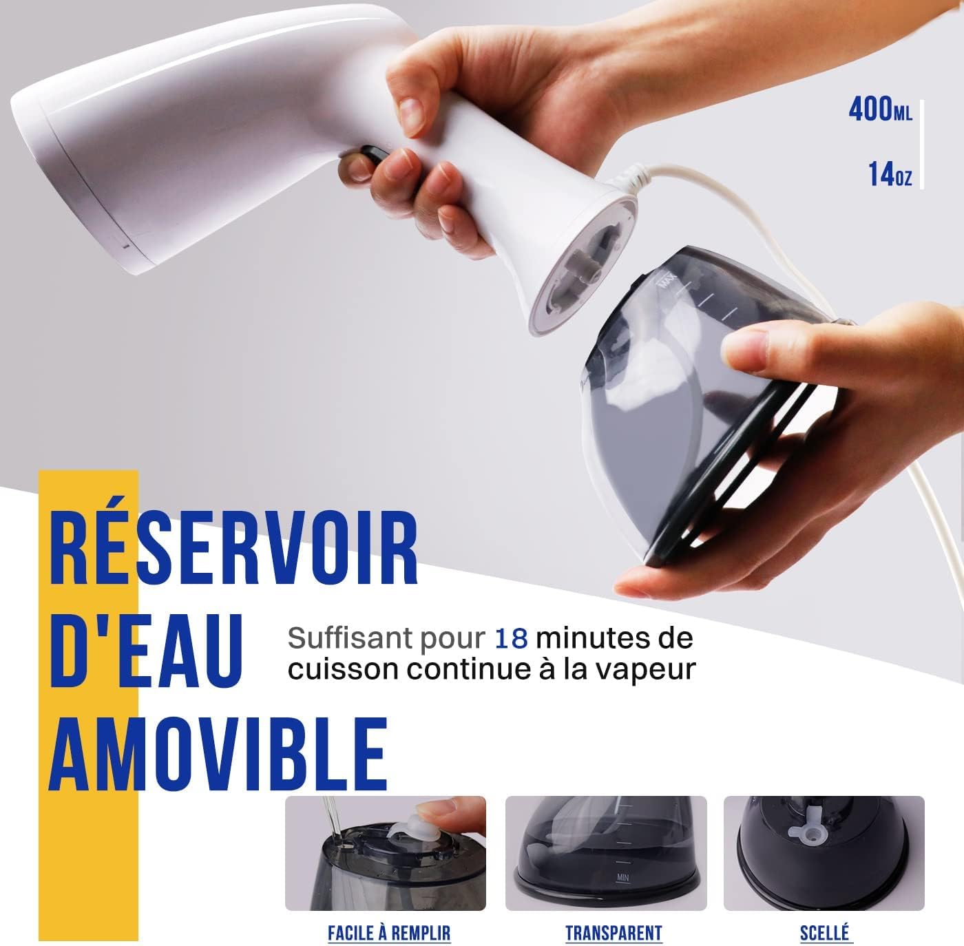 Défroisseur vapeur portable - 1640W, 400ml - Blanc, haute puissance