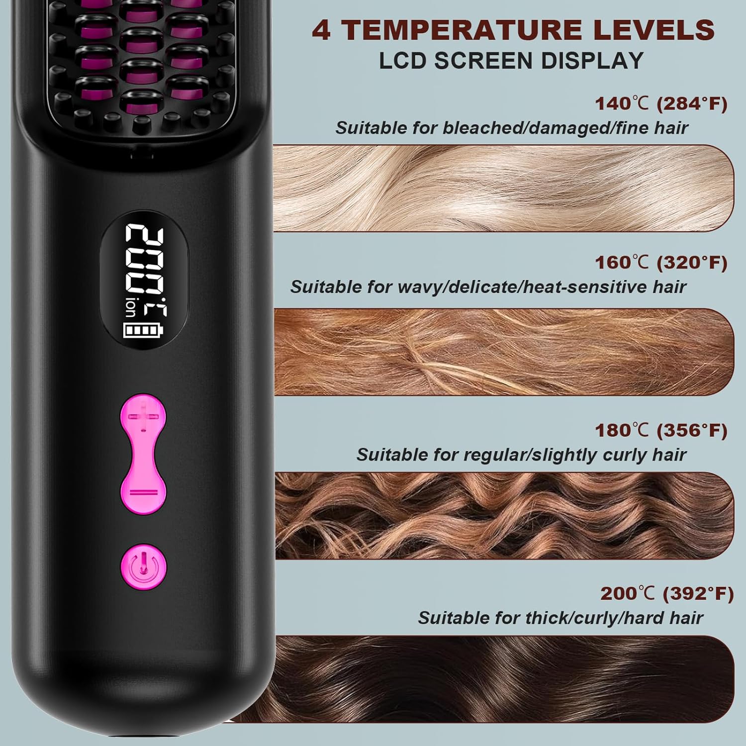 Brosse lissante sans fil - rechargeable USB 9600mAh, ions négatifs, chauffante, portable