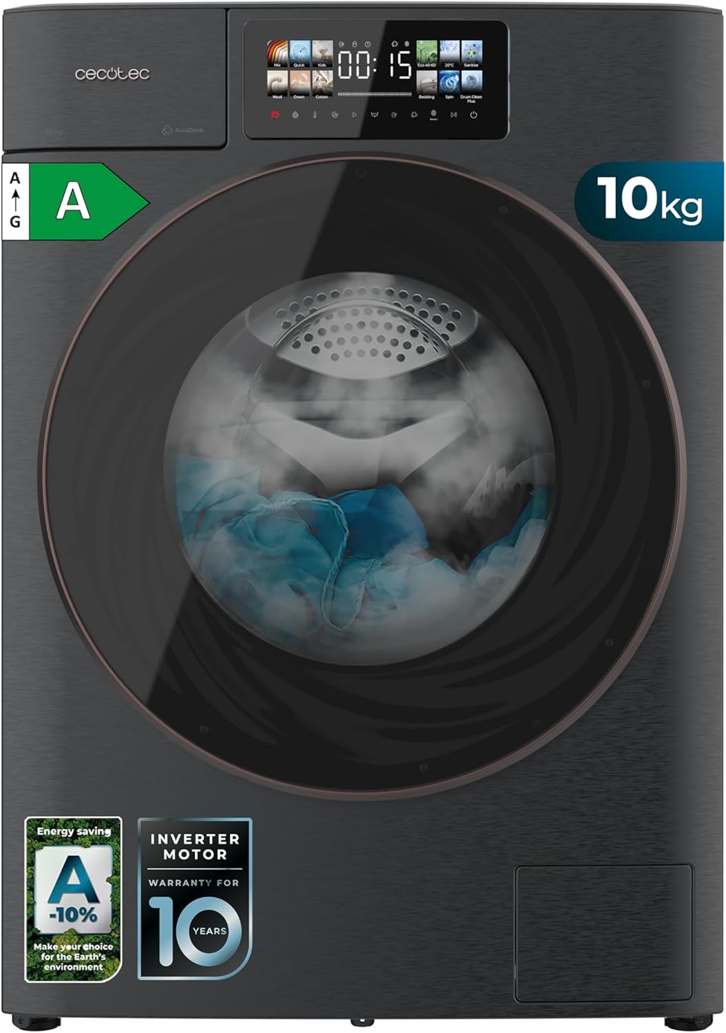 Cecotec - Bolero DressCode (Autodose Inverter 3D Steel) - 10kg, 1400 tr/min, écran 9,2