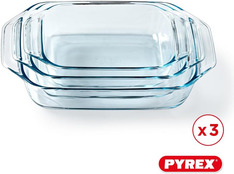Pyrex - Lot de 3 plats à four rectangulaires - larges poignées, verre borosilicate, format familial