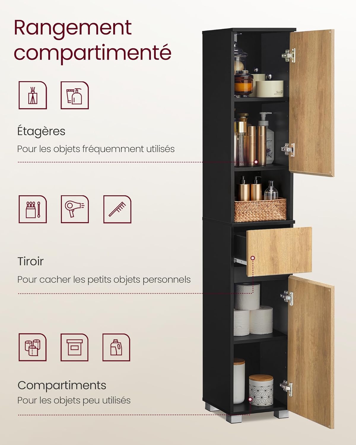 VASAGLE - armoire colonne salle de bain 30x30x170 cm tiroir étagères BBK560BC01