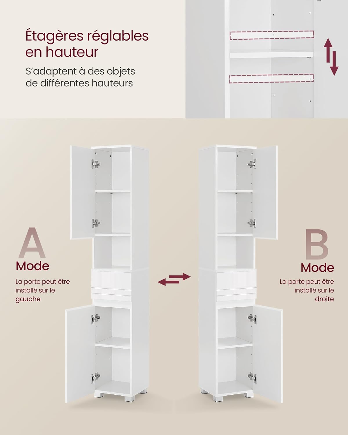 VASAGLE - colonne salle de bain, tiroir, étagères réglables, 30x30x170 cm - BBC560P31