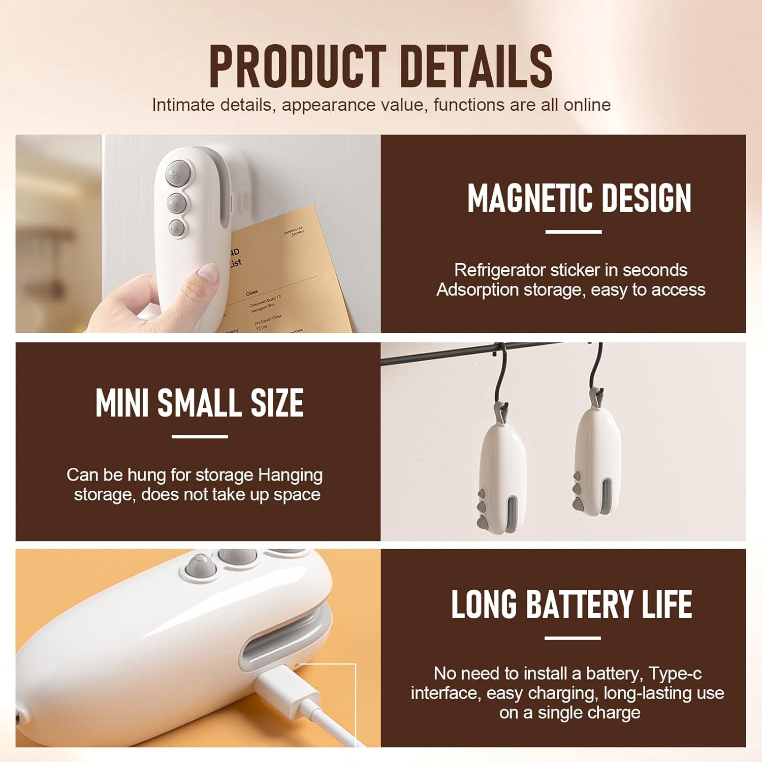 Mini scelleur de sacs portatif 2-en-1, plastique ABS, USB, magnétique