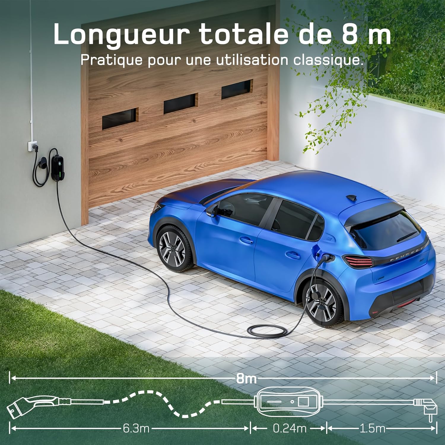Chargeur voiture électrique - Type 2 - 8m - 3,68kW, écran LCD, 6/8/10/13/16A