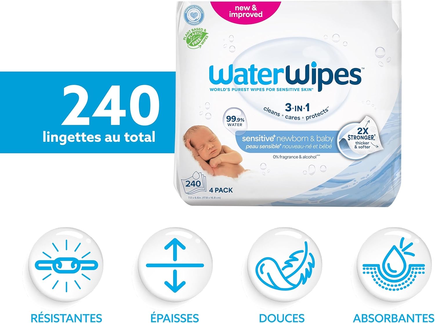 WaterWipes - Sensitive+ Lingettes 240u - 99,9% eau, non parfumées