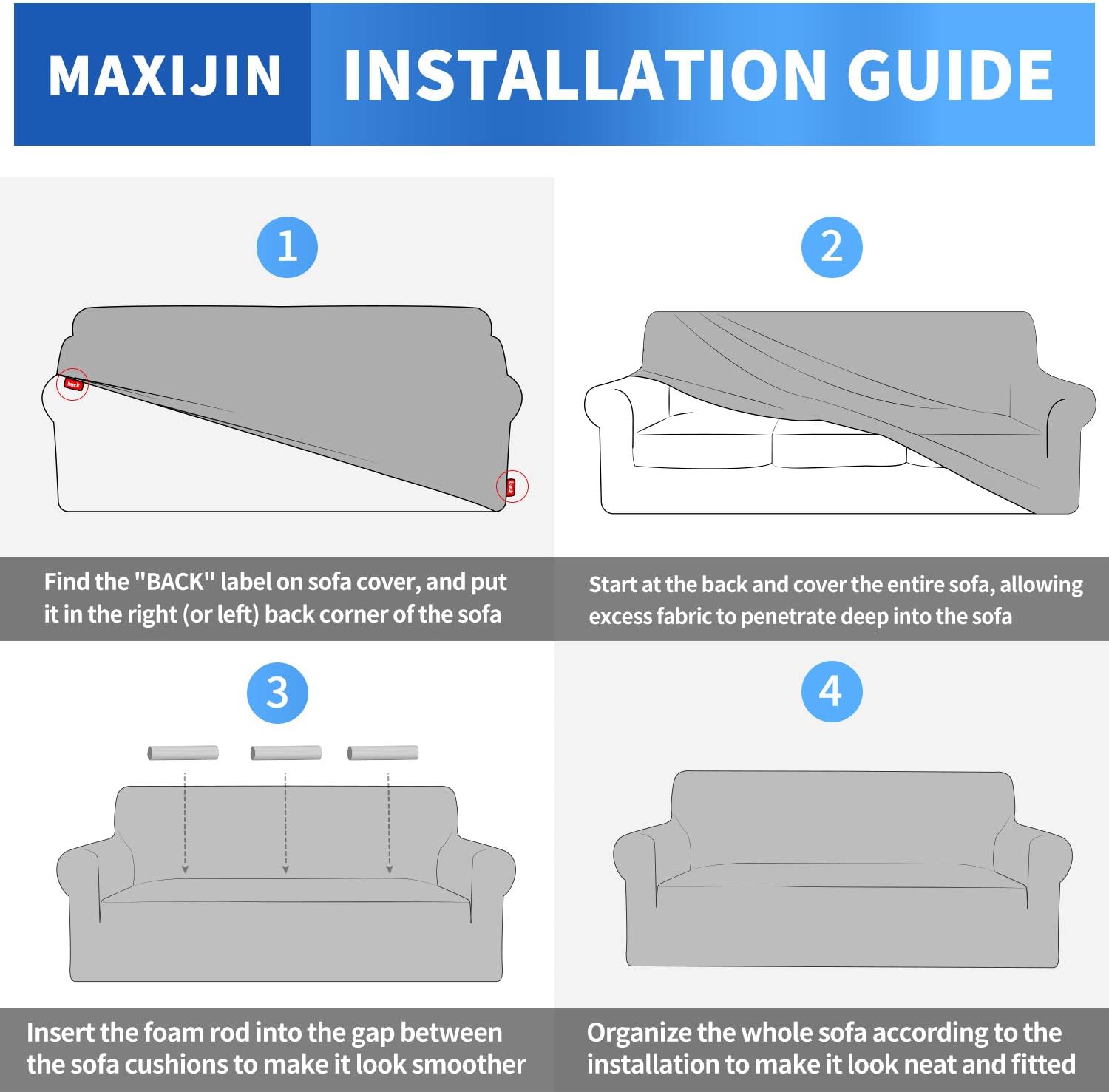MAXIJIN - Jacquard série - 3 places - Housse canapé extensible, antidérapante, gris foncé, animaux