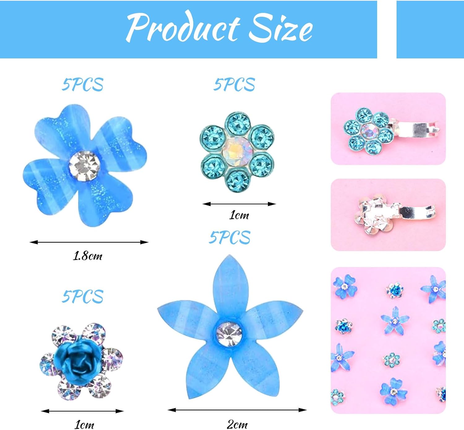 Pinces à cheveux - lot de 20 mini barrettes fleurs strass métal - 4 motifs