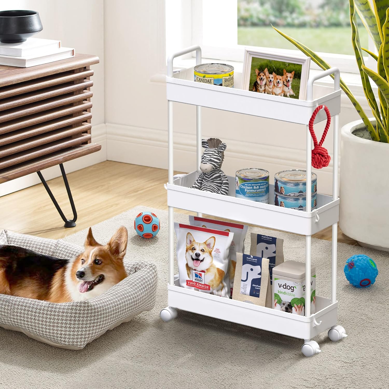 SOLEJAZZ - chariot 3 étagères, plastique, blanc, rangement étroit