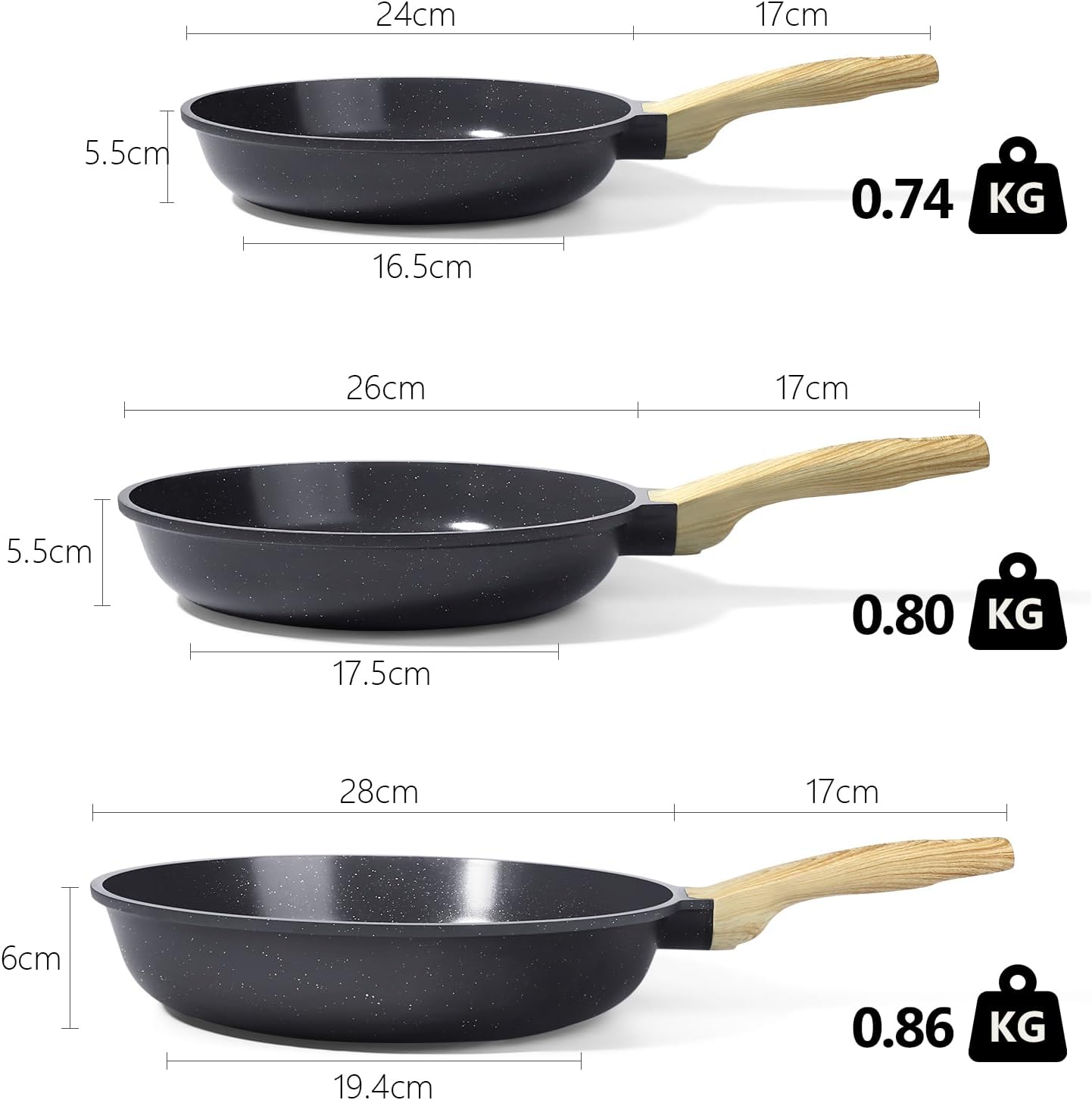 GiPP 3PCS Set de Poêles Antiadhésive en Granit – Poêle à Frire Saine et Non Toxique, Compatible Induction, Sans PFAS ni PFOA, Passe au Lave-Vaisselle, Manche Reste Froid(Gris,24+26+28cm)