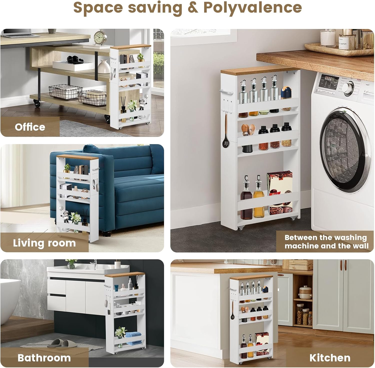 Desserte à roulettes - chariot 4 niveaux, 40x15x80 cm, bois clair et blanc