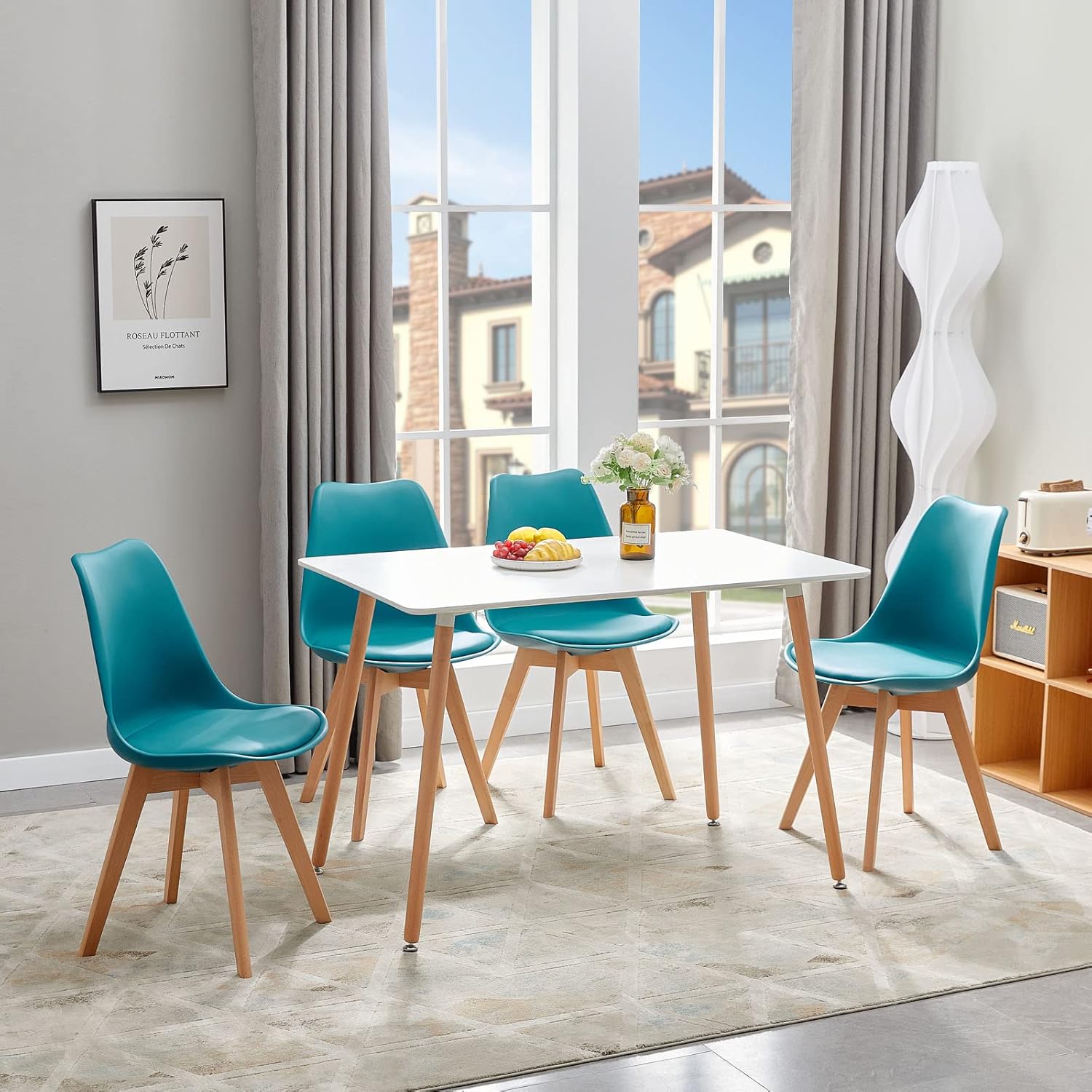 EGGREE - Lot de 8 chaises scandinaves - bois hêtre, rembourrées, turquoise
