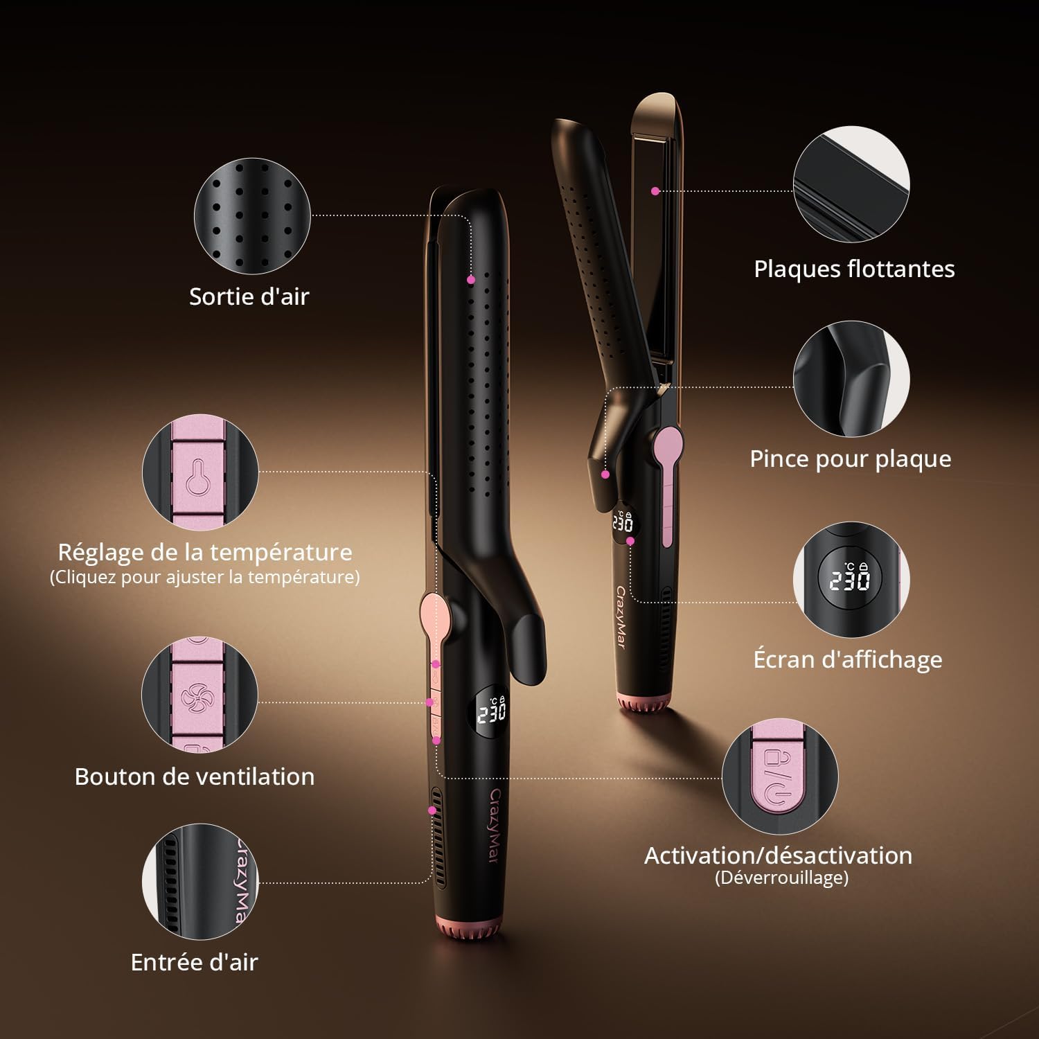 Lisseur boucleur 2-en-1 - 9 températures, ionique, cool air, 110-230°C, coiffure maison & voyage