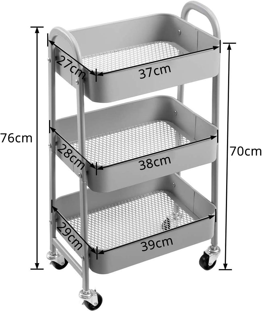 DOEWORKS - Chariot 3 niveaux métal, gris, roulettes, rangement cuisine