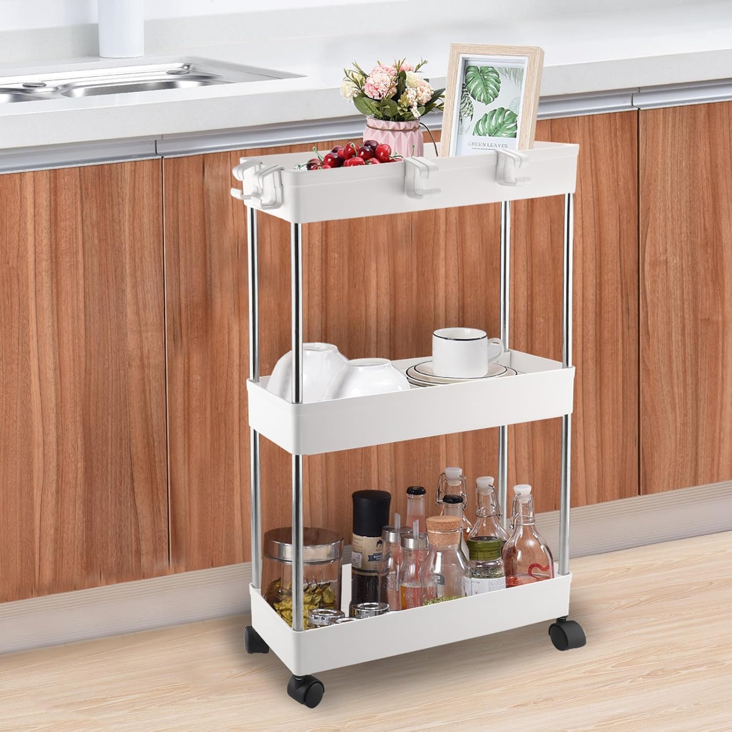 Chariot de rangement 3 niveaux blanc, étagère mobile à roulettes, multifonction