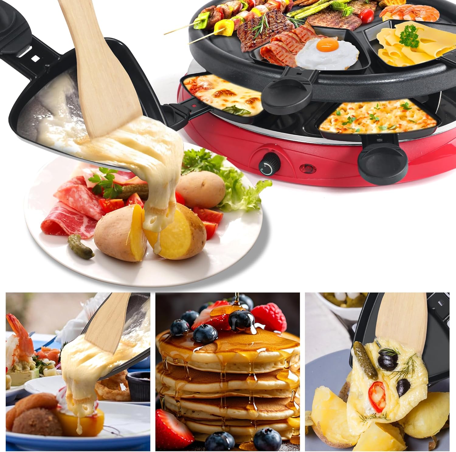 Poêlon raclette - mini 4pcs - fonte, antiadhésif, spatules bois, noir HengBO