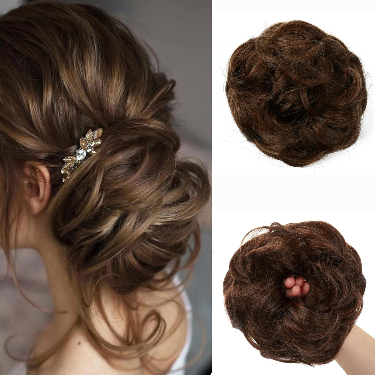 JJstar - Chignon Postiche volumineux bouclé - cheveux naturels - auburn clair avec mèches noires