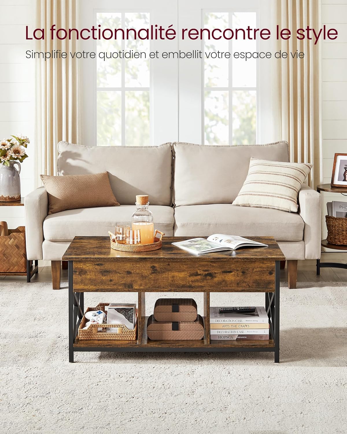 VASAGLE - Table basse série LCT202B01 - 50x100x(46,5-62)cm - plateau relevable, rangement caché, acier