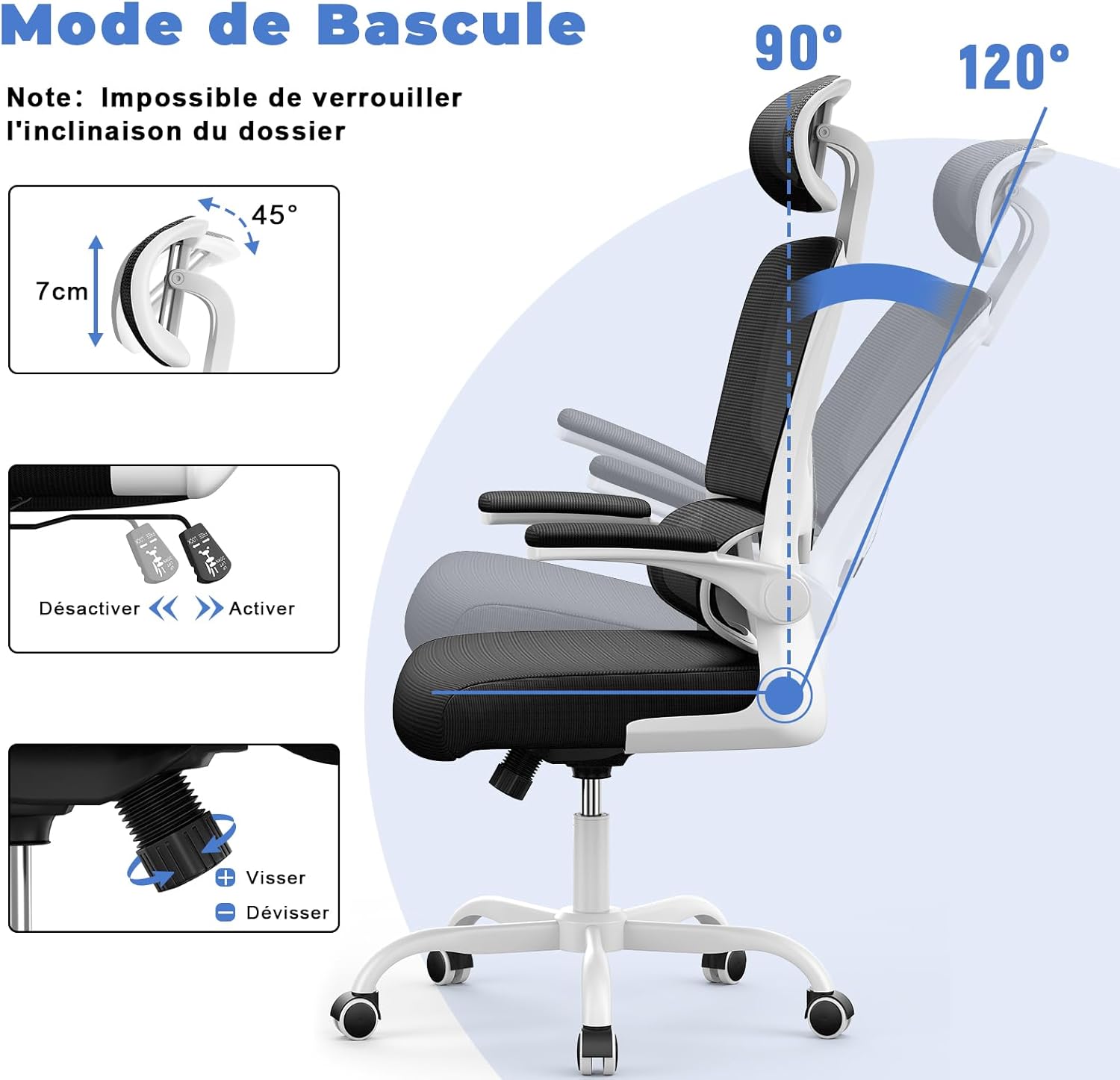 Chaise de bureau ergonomique - support lombaire C - réglable, maille, noir/blanc, appui-tête, accoudoirs réversibles